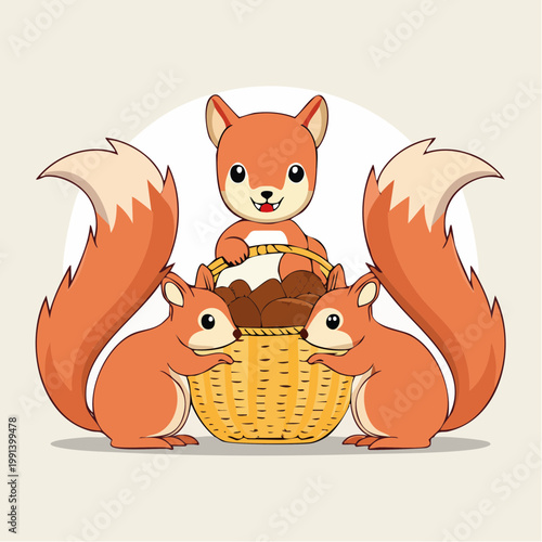 Cute squirrels gathering nuts in a basket