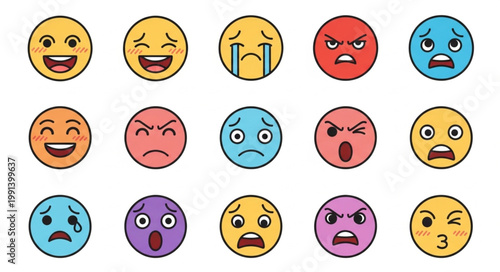Collection of Diverse Emoji Faces Expressing Various Emotions.