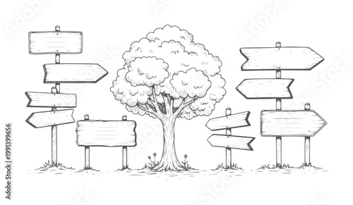 Hand drawn of a tree and multiple wooden directional signs nature