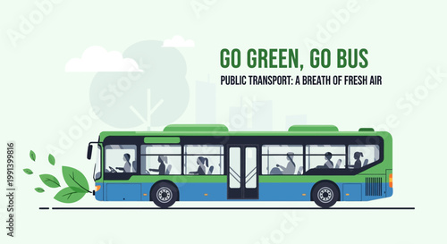Eco friendly public transportation bus with green leaves design.