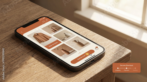 Mobile phone displaying clothing selection on wooden table indoors  