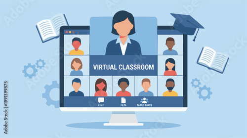 Fotografija Virtual Classroom E-learning Concept with Teacher and Students on Monitor