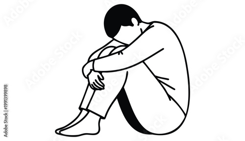 An illustration of a woman hugging her knees, withdrawn and overwhelmed by a harsh reality.