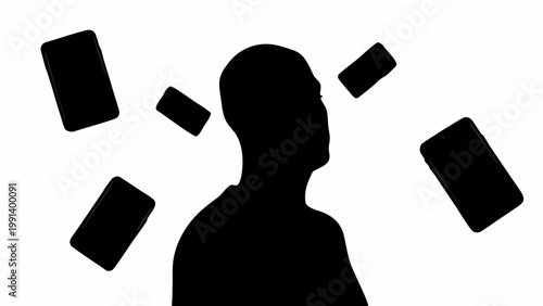 Black silhouette vector of a person surrounded by multiple smartphones