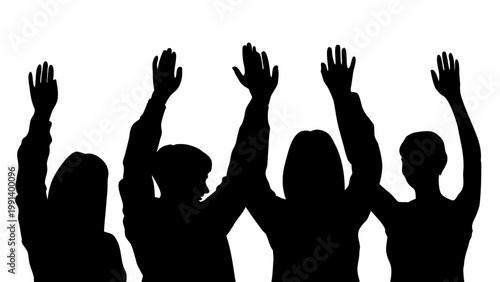 Silhouette of diverse group of people raising hands in celebration and unity on white background