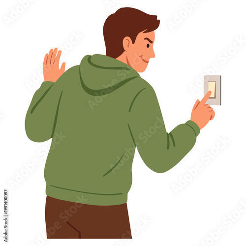 Man turning on light switch with hand raised in illustration