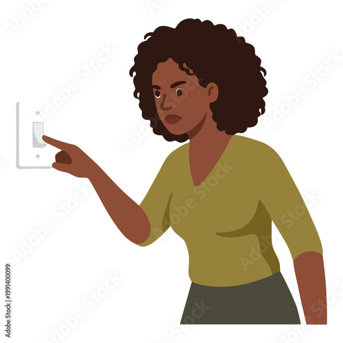 Woman turning on light switch in modern room with technology