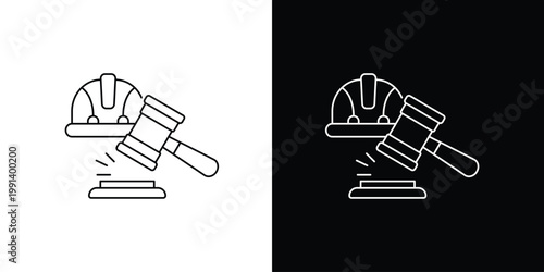 Line art icon symbolizing construction safety, workplace law, and industrial justice, depicting a hard hat with a judge's gavel