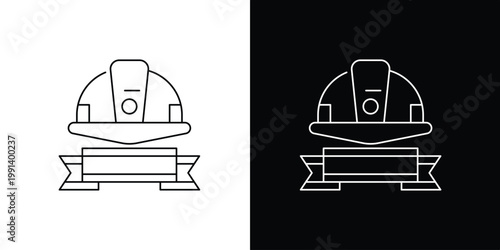 Professional Construction Safety Hard Hat with Blank Banner - Essential Worker Protection and Building Industry Symbol Line Art Icon