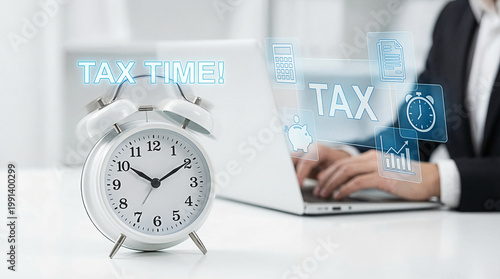 Tax Season Alert Featuring Laptop, Clock and Augmented Reality Graphics