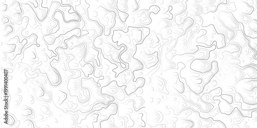 Abstract topographic contour map design with wavy lines and shapes on white background