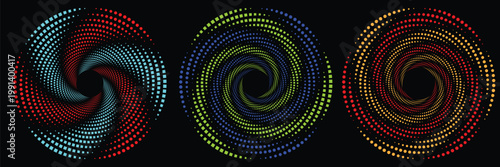 Abstract halftone spiral vector set, colorful dotted swirl patterns on black background, geometric circular vortex elements for modern graphic design