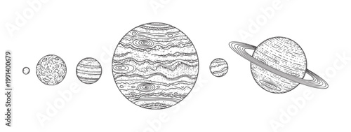 Hand drawn planets and celestial bodies in style space astronomy vintage