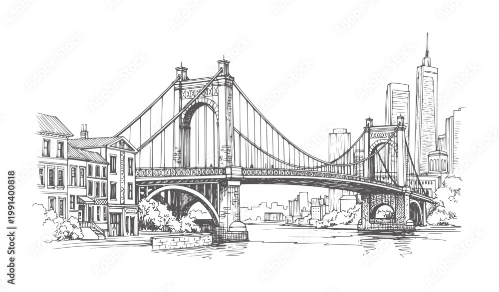 Obraz premium Ink of a suspension bridge connecting city buildings across water