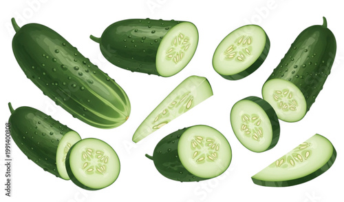 Fresh cucumbers whole sliced and segmented for healthy eating and culinary use