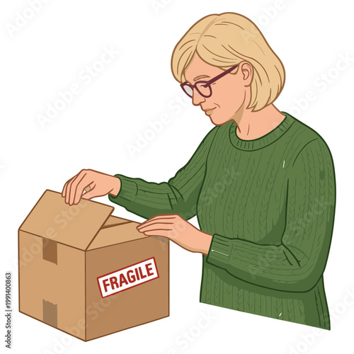 A woman is carefully opening a fragile cardboard box indoors with caution.