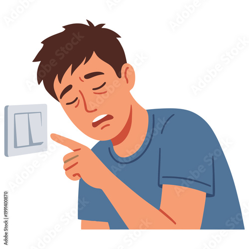 Man experiencing pain while turning light switch on in bedroom indoors