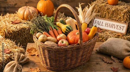Obraz Autumn harvest basket with pumpkins and fresh vegetables on a rustic farm table, organic seasonal food concept for Thanksgiving and healthy lifestyle branding marketing
