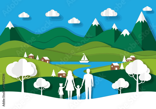 Paper Cut Style Family Vacation in Mountain Landscape with River and Lake; 3D Papercraft Illustration of Happy Family in Nature and Sustainable Living Concept