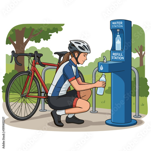 Cyclist refills water bottle at outdoor station near bicycle in park