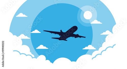 Dark silhouette of a commercial airplane flies across a bright blue sky filled with white clouds and a shining yellow sun.