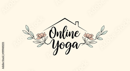 Online yoga logo design features a simple house roof outline with delicate floral branches and elegant handwritten text.