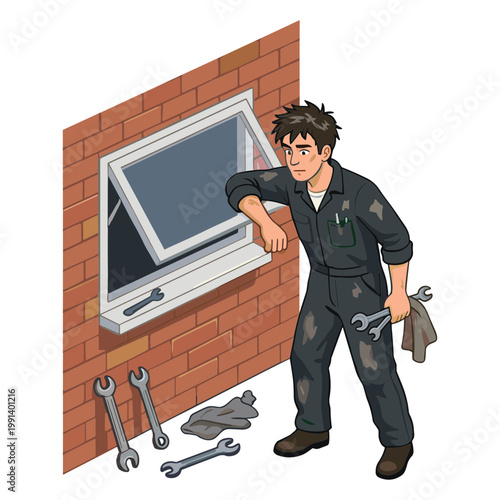 A man in overalls holds tools near an open skylight on a brick wall outside