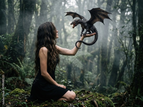 Woman Holding Small Dragon in Misty Enchanted Forest
