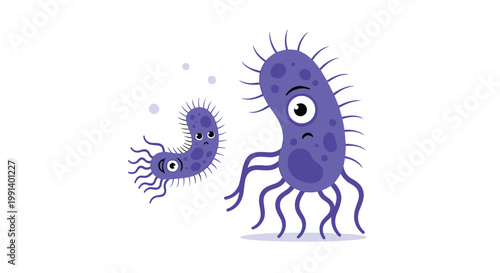 Two cute purple bacteria or germ characters with funny faces and flagella represent microorganisms in a playful way.