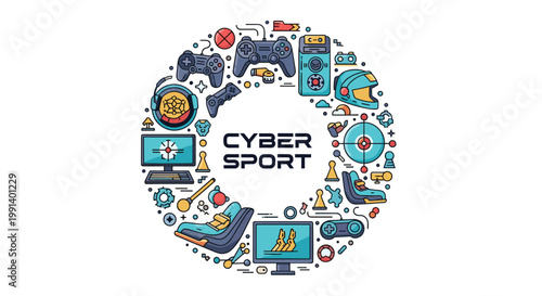 Circular cyber sport collage includes gaming controllers, a headset, racing seat, and monitors for electronic gaming fans.