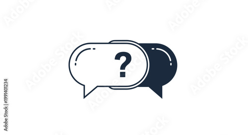 Two overlapping speech bubbles with a question mark represent communication, customer support, and finding answers to queries.