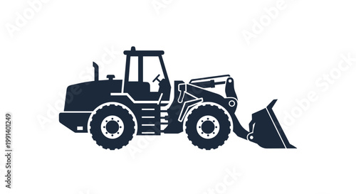 Black silhouette of a heavy duty construction front loader vehicle is shown against a plain white background for logo use.