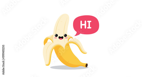 Adorable yellow banana character with a happy face says hi through a pink speech bubble in this cute food illustration.