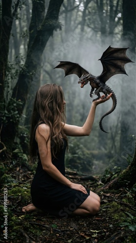 Young woman in black dress kneeling on the mossy ground holding small mythical dragon in dark misty forest
