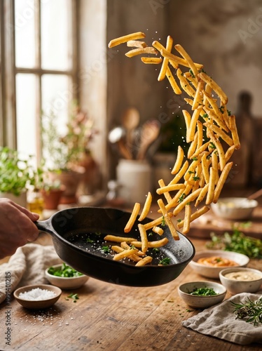 French fries falling into frying pan with salt and herbs in kitchen interior. Food photography with motion freeze. Cooking process and homemade meal concept.