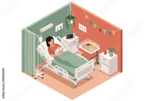 Isometric Mother Holding Newborn Baby in Hospital Maternity Ward Postpartum Room Illustration