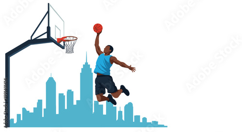 Silhouette of a basketball player jumping for a high-flying dunk against a blue city skyline with a basketball hoop.