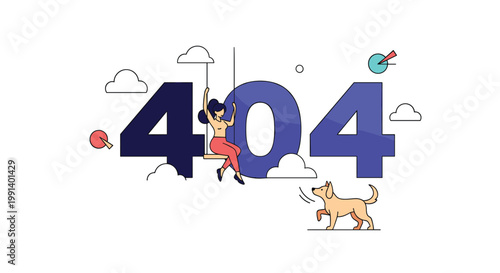 Creative 404 error page design featuring a woman on a swing and a dog under the large numbers with clouds and shapes.