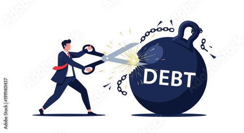 Businessman in a suit using giant scissors to cut a heavy black weight labeled debt held by chains for financial freedom.