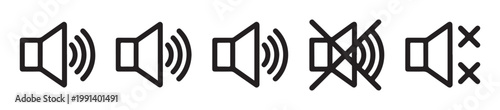Set of speaker volume icons. sound and mute symbols, speaker with waves, volume up and volume off, no sound sign.