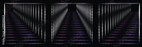 Futuristic halftone tunnel vector set, abstract geometric perspective backgrounds, purple and white dotted corridor patterns for tech design
