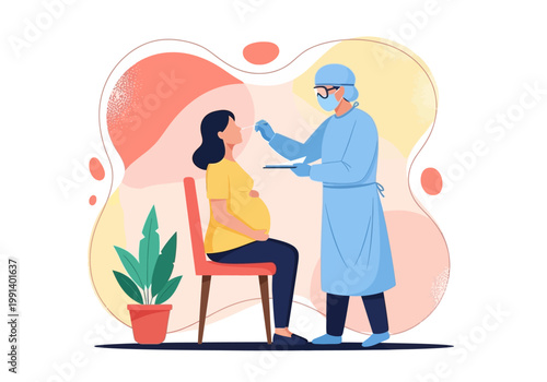 Doctor in Protective Suit Taking Nasal Swab Test from Pregnant Woman; Vector Illustration of Medical Healthcare Procedure for Pregnancy and Virus Detection