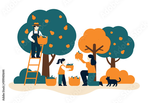 Family Harvesting Fruit in Autumn Orchard Vector Illustration, Parents and Child Picking Apples and Pears together in a Garden