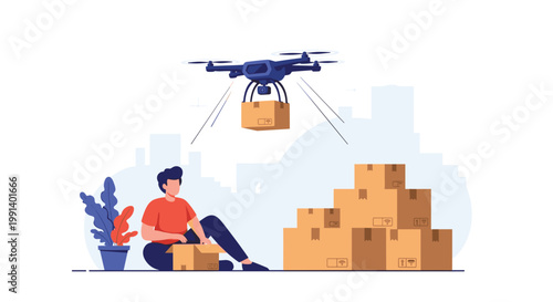 Modern drone delivery concept showing a flying drone carrying a cardboard box over a man sitting by a pile of packages.