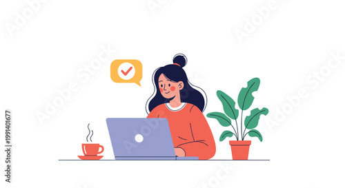 Young woman working on her laptop at a desk with a coffee cup and a potted plant with a checkmark notification.