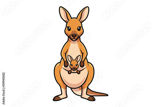 Cute Cartoon Kangaroo Mother with Baby Joey in Pouch Illustration Isolated on White Background