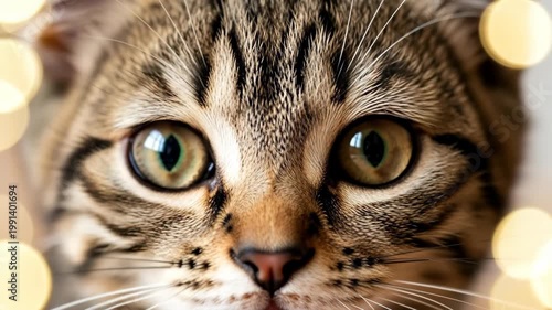 Close-up Portrait of a Tabby Cat Watching with Dilated Pupils at Home