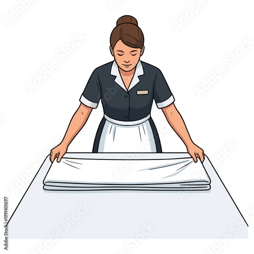 Woman folding a stack of white linens on a table indoors