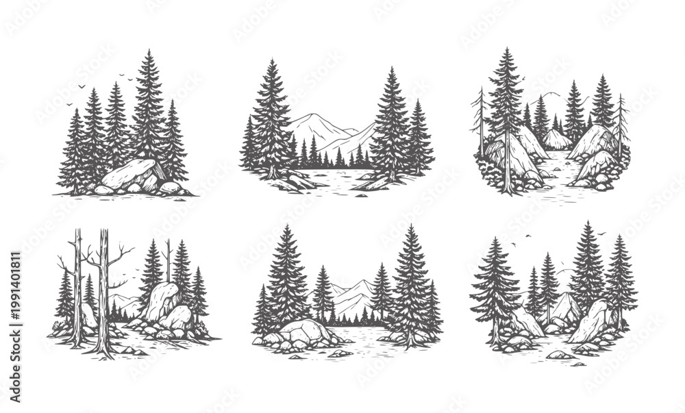 Fototapeta premium Six monochrome linocut style forest and mountain landscape vignettes trees mountains