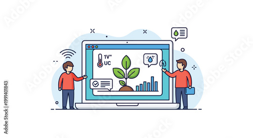 Two researchers examining a plant on a large laptop screen showing growth data and environmental statistics for farming.